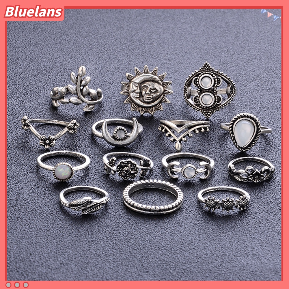 [BLS] 14pcs Vintage Bunga Matahari Bulan Bentuk Wanita Knuckle Band Rings Set Jari Perhiasan