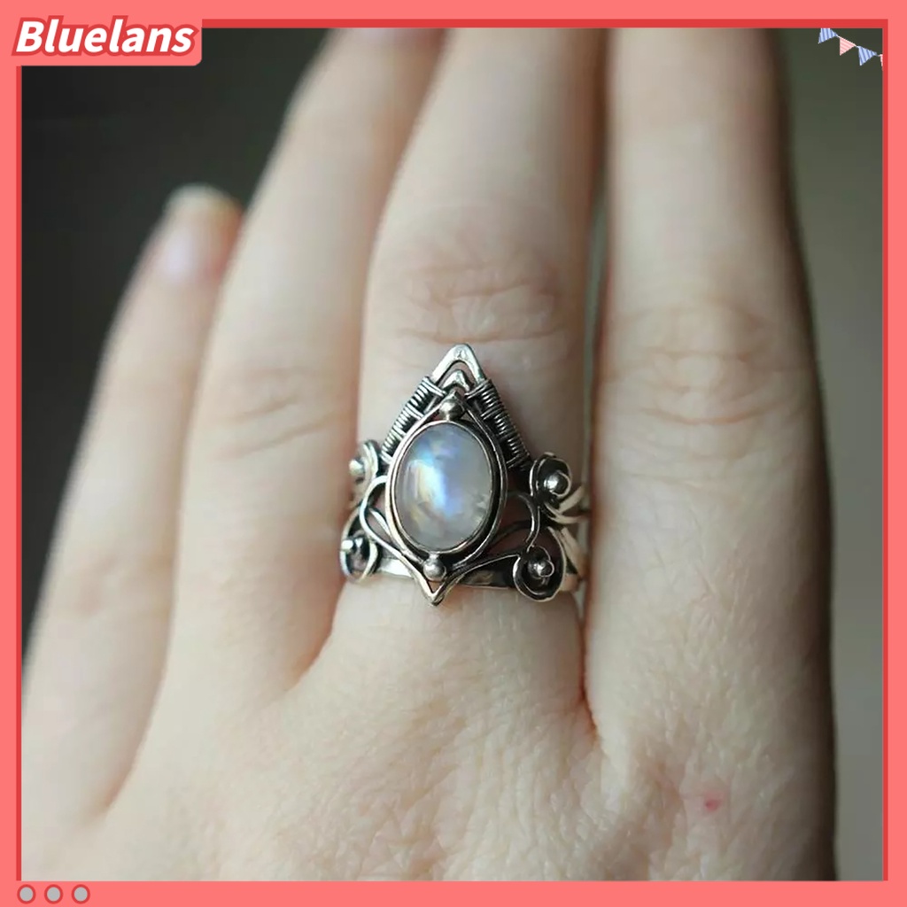 [BLS] Punk Berongga Warna Perak Wanita Cincin Hias Moonstone Fashion Cincin Perhiasan Aksesori