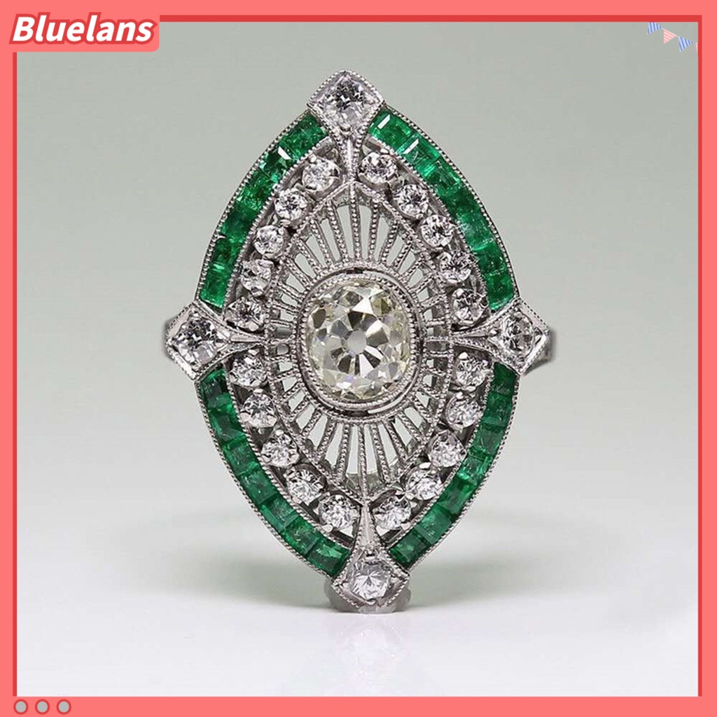 [BLS] Wanita Cincin Berlian Imitasi Mengkilap Hias Two-tone Geometri Electroplating Art Deco Hadiah Natural Emerald Faux Gemstone Engagement Wedding Ring Untuk Anniversary
