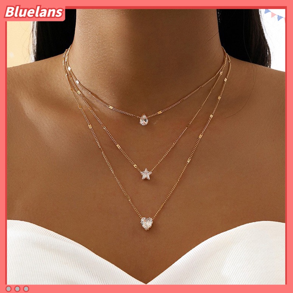 [BLS] Shiny Berlian Imitasi Adjustable Ekstensi Rantai Wanita Kalung Jantung Bintang Pesona Berlapis Liontin Kalung Pesta Perhiasan