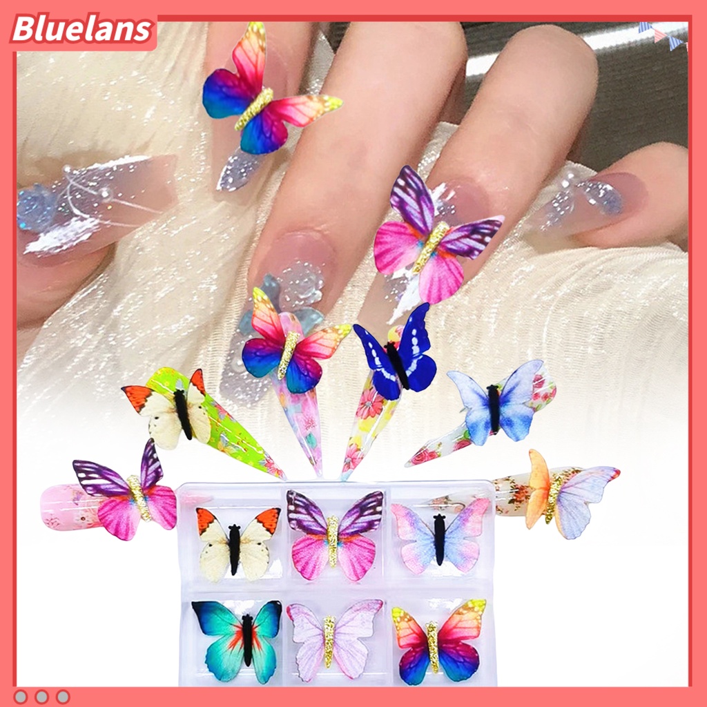 [BLM] 6pcs Hiasan Kuku Realistis Tampil Dapat Dilepas Warna Vibrant Mempesona Efek Visual Mudah Diterapkan Warna-Warni Hidup 3D Kupu-Kupu Nail Art Dekorasi Perlengkapan Kuku