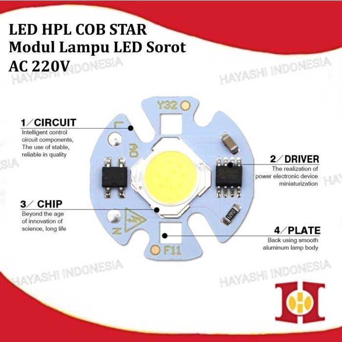 COB Star 220V 3 5 7 10 12 W LED White Putih Lampu Sorot PLN AC 25mm - 5pcs