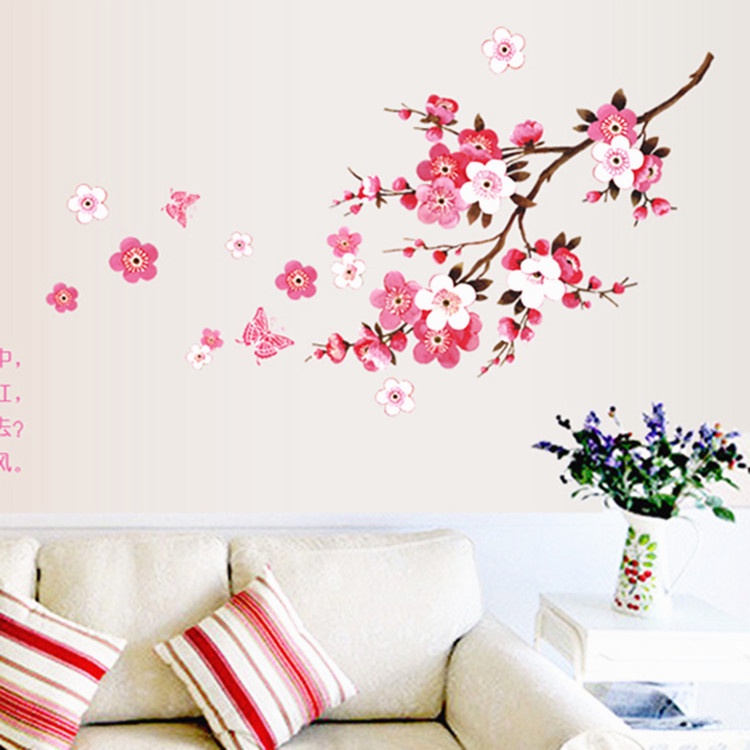 Plum Blossom Bunga Pohon Cabang Stiker Dinding Ruang Tamu Latar Belakang Dekorasi Burung Wallpaper Dekorasi Rumah Art Decals