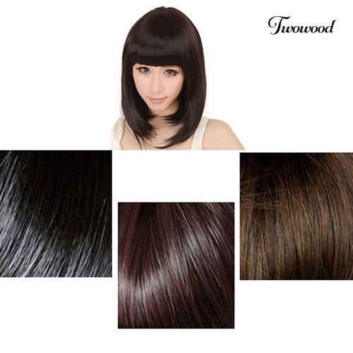 Twowood Wanita Full Poni Pendek Lurus BOBO Rambut Sintetis Cosplay Pesta Full Wig