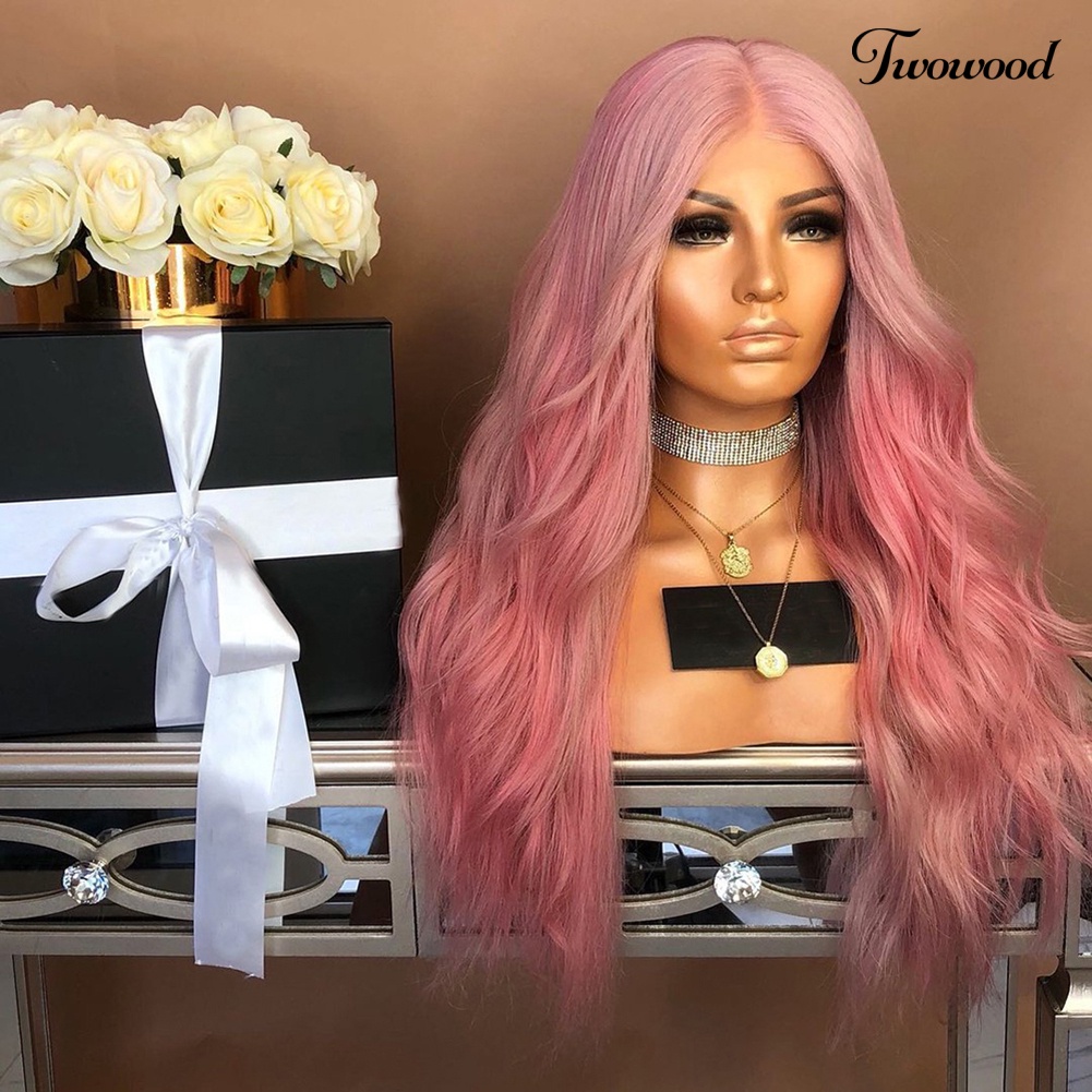 Twowood Fashion Pink Panjang Bergelombang Belah Samping Wig Alami Wanita Cosplay Pesta Sopak