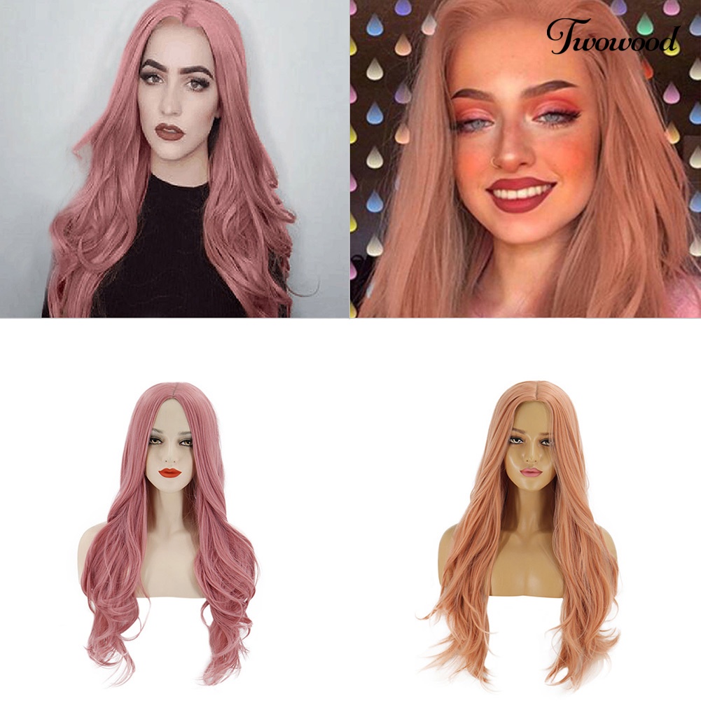 Twowood Wanita Tahan Panas Panjang Keriting Rambut Orange Pink Pesta Wig Ekstensi Sopak