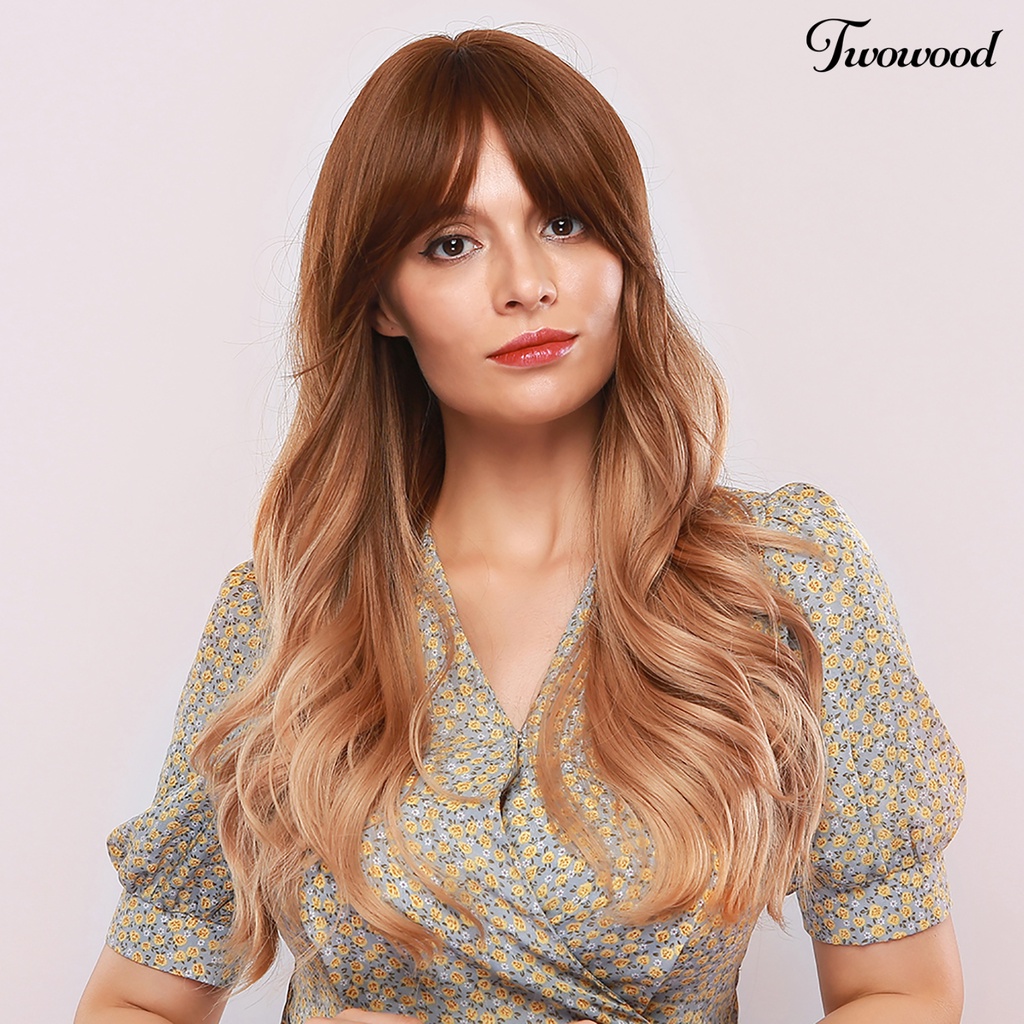 Twowood Fashion Coklat Wanita Serat Sintetis Poni Panjang Keriting Wig Cosplay Pesta Sopak