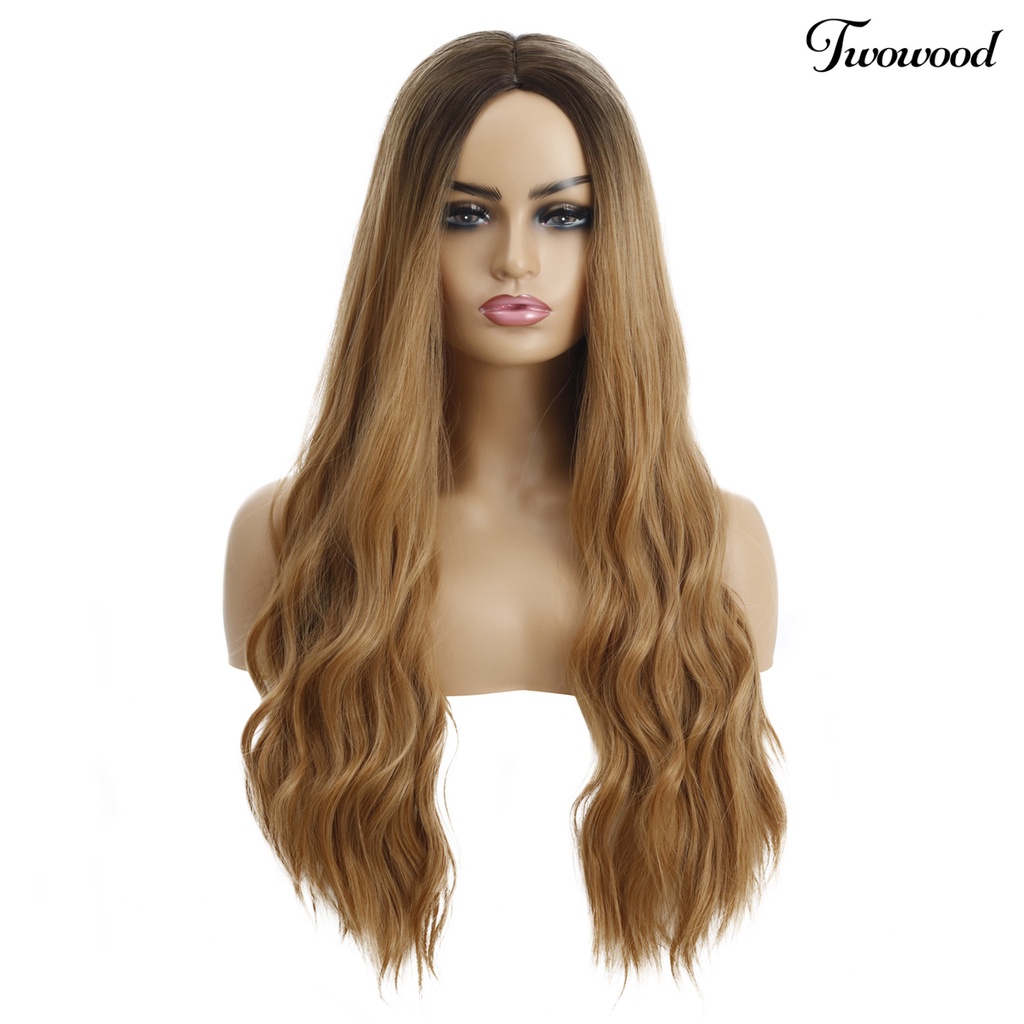 Twowood Wanita Gradiasi Warna Pusat Parting Panjang Keriting Wig Rambut Palsu Cosplay Sopak