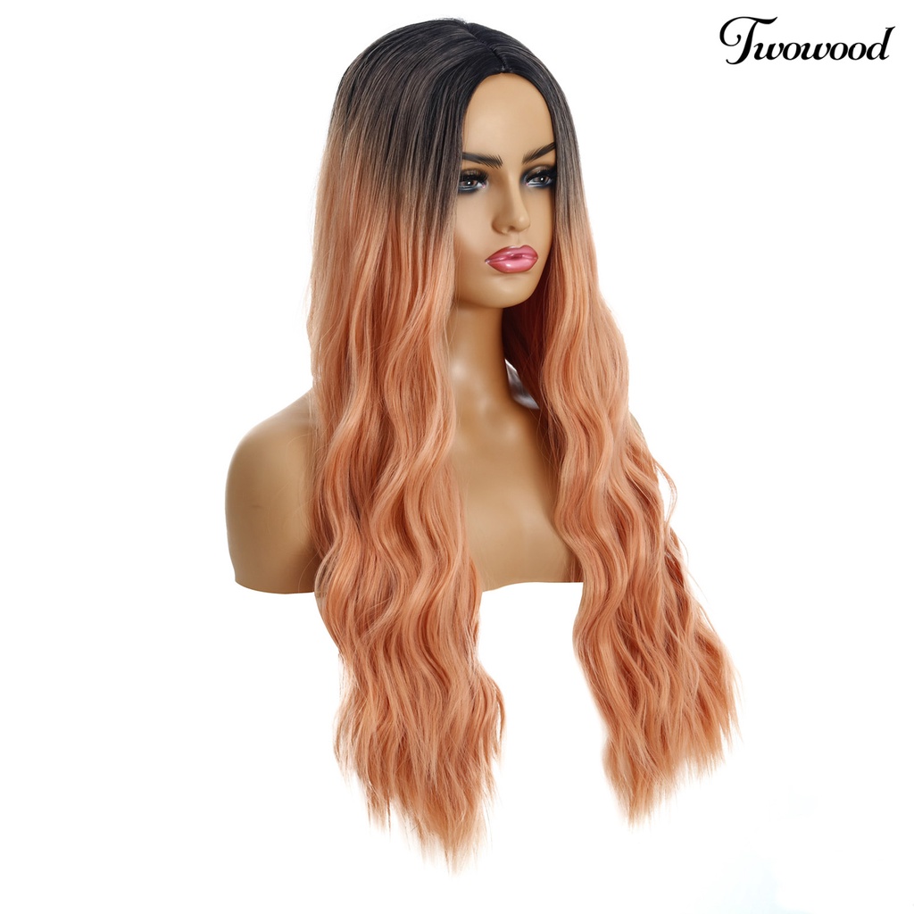 Twowood Wanita Gradiasi Warna Pusat Parting Panjang Keriting Wig Rambut Palsu Cosplay Sopak