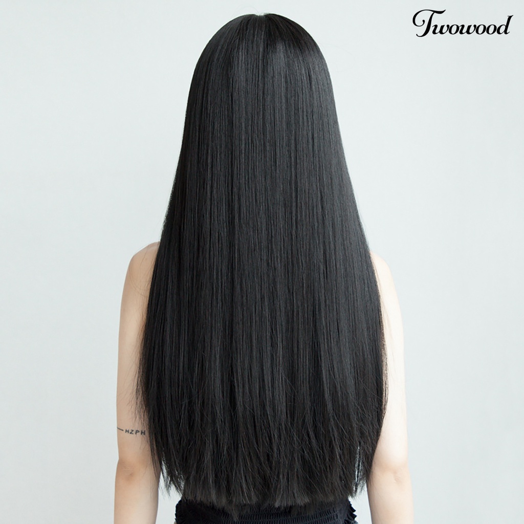 Twowood Wig Panjang Lurus Jaring Dalam Bernapas Serat Suhu Tinggi Bernapas Wig Rambut Hitam Untuk Perempuan