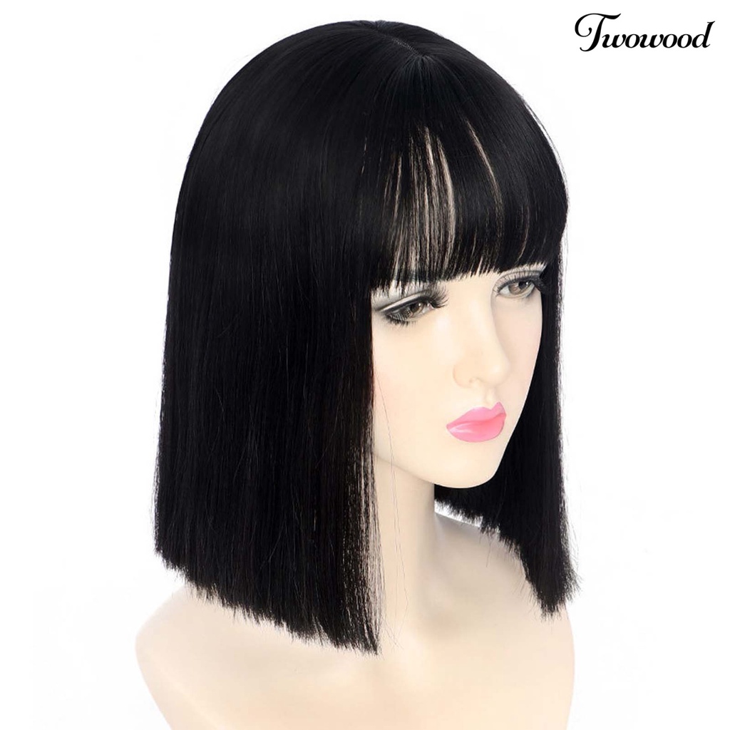 Twowood Jisheng Wig Lurus Ketat Warna Alami Wig Bob Lurus Pendek Serat Suhu Tinggi Dengan Bang Untuk Anak Perempuan