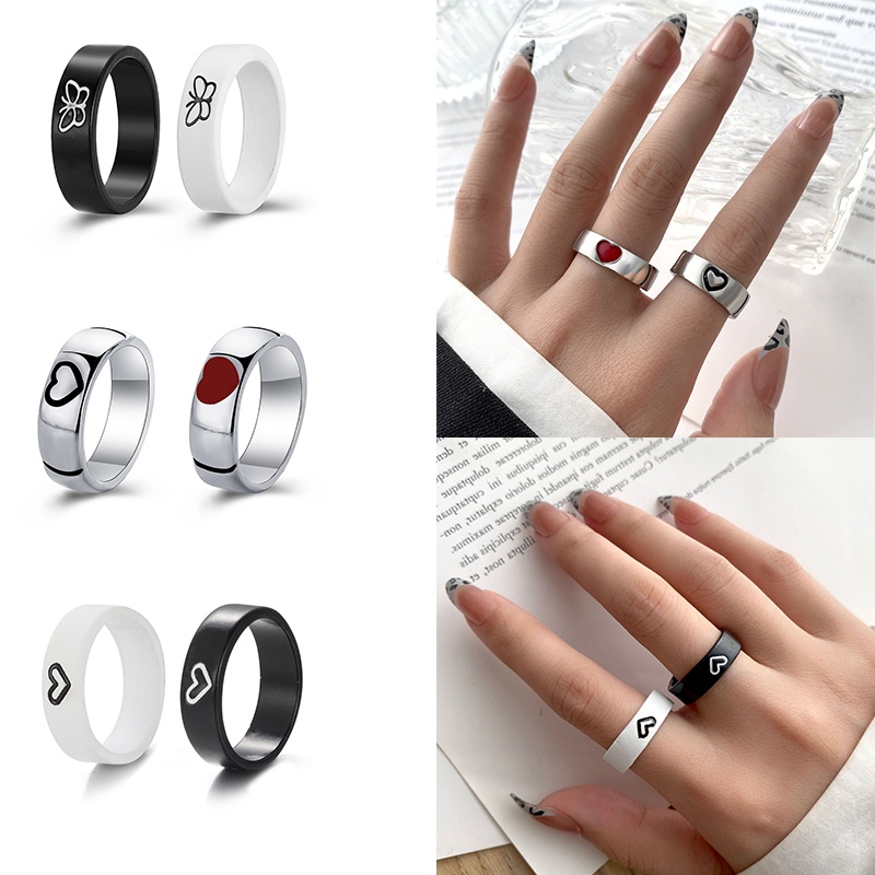 2pcs Cincin Pasangan Sederhana Hati Kupu-Kupu Cincin Hitam Dan Putih Set Untuk Wanita Hadiah Perhiasan Tunangan