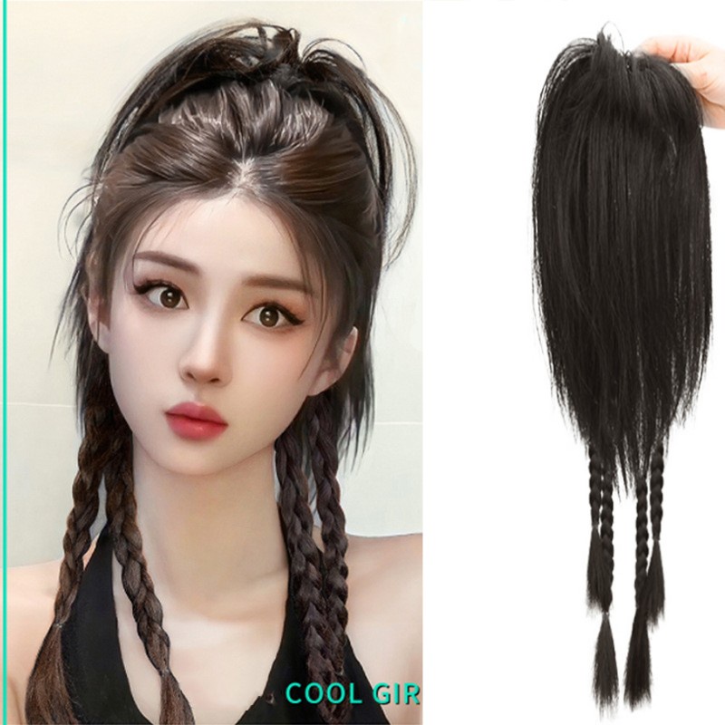 Y2k Gaya Princess Keren Rambut Panjang Lurus Bergelombang Ponytail Tinggi Dengan Kepang Wig Hair Extension Untuk Aksesoris Rambut Wanita 30cm