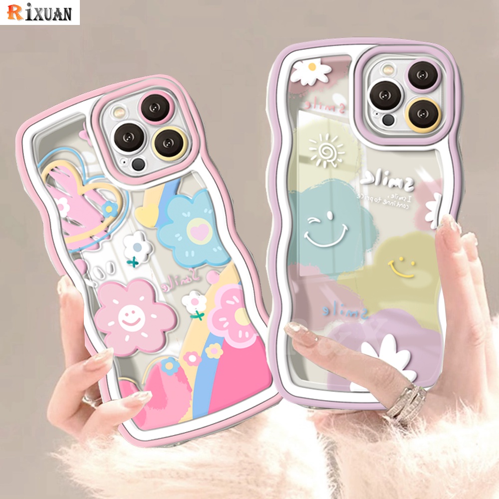 Casing Realme C55 C33 C35 C31 C30s C30 Realme10 9i 8i 6i5 7i C15 C25 C21Y C25Y C12 C1 C20 C3 C2 C1 Narzo 50 INS Fresh Flower Rainbow Smiley Wavy Edge Soft Clear Case RIXUAN