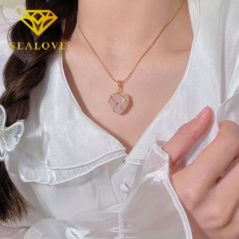 Kalung Titanium Barbie Hati Batu Permata Opal Emas 18K Anti Karat Cantik Aesthetic Korea Aksesoris Wanita Perempuan Perhiasan