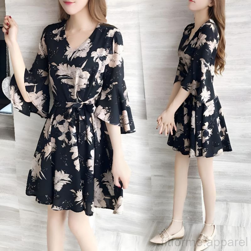 Dress Korea Wanita Motif Bunga V-Neck Woman Floral Elegant Vintage A-Line Loose Dress H-214 (M/L/XL/