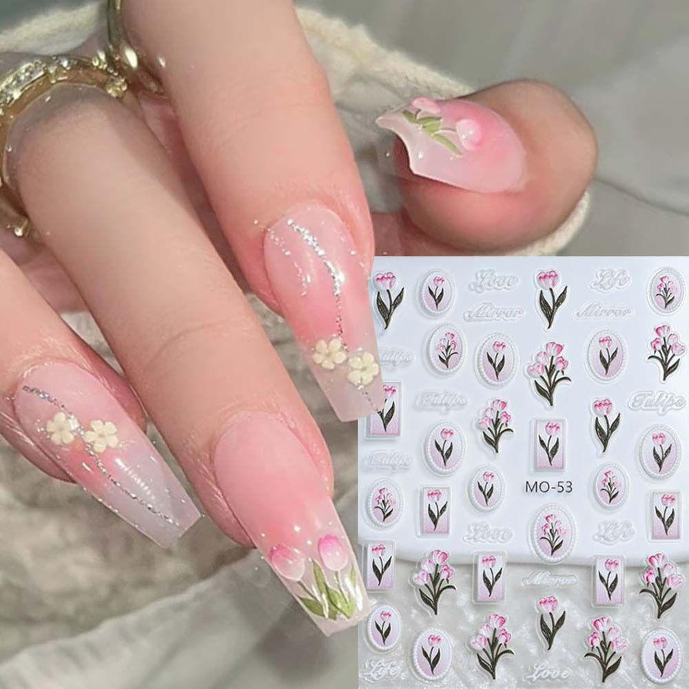 Mxbeauty Stiker Kuku Daun Kelinci Manis Manicure Bunga Tulip Hiasan Kuku Untuk Wanita