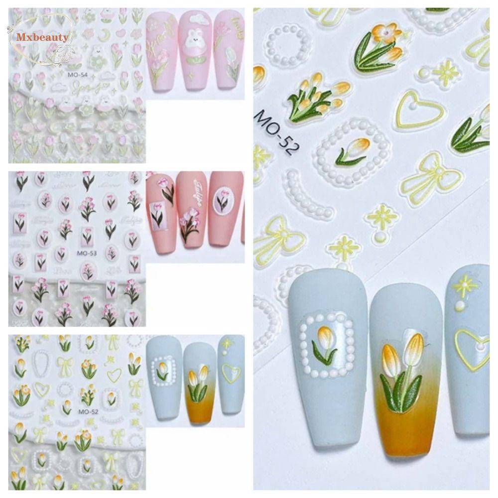 Mxbeauty Stiker Kuku Daun Kelinci Manis Manicure Bunga Tulip Hiasan Kuku Untuk Wanita