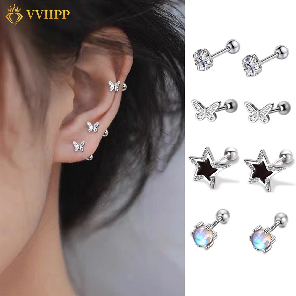 Anting Kristal Perak Untuk Wanita Zirkon Hati Bintang Kupu-Kupu Bunga Stud Earings Aksesoris Fashion Perhiasan