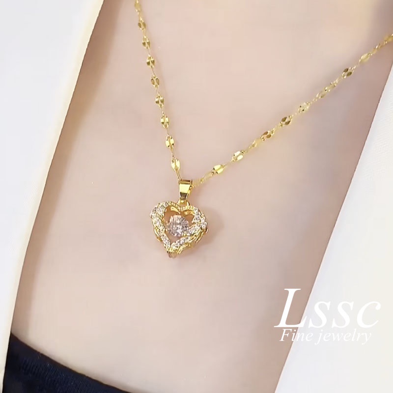 Kalung Titanium Anti Karat Perak Hati Berlian Aesthetic Elegan Fashion Aksesoris Wanita Perhiasan