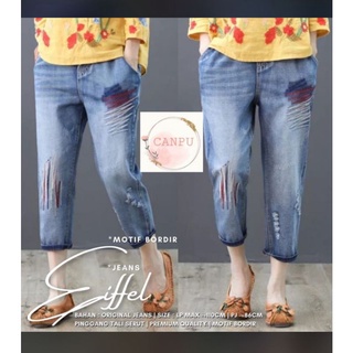 JEANS BORDIR MOTIF EIFFEL BAGGY CELANA WANITA KOREAN STYLE KARET MUTER ALL MODEL BOYFRIEND TERBARU KEKINIAN REMAJA HITS OOTD