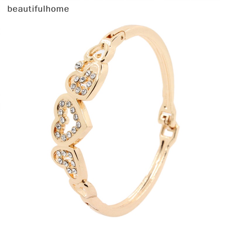 {beautifulhome} Hot Fashion Wanita Lady Berlapis Emas Kristal Manset Bangle Cinta Hati Pesona Gelang.