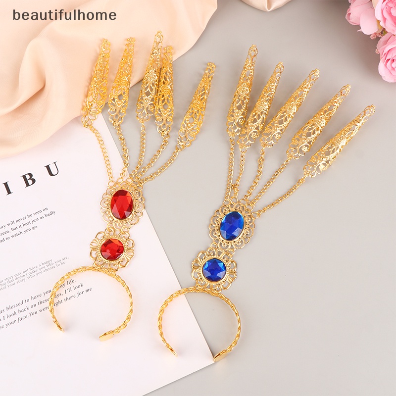 {beautifulhome} Gelang Vintage Untuk Wanita Merah Biru Kristal Gelang Perhiasan Kuku Palsu Panjang.