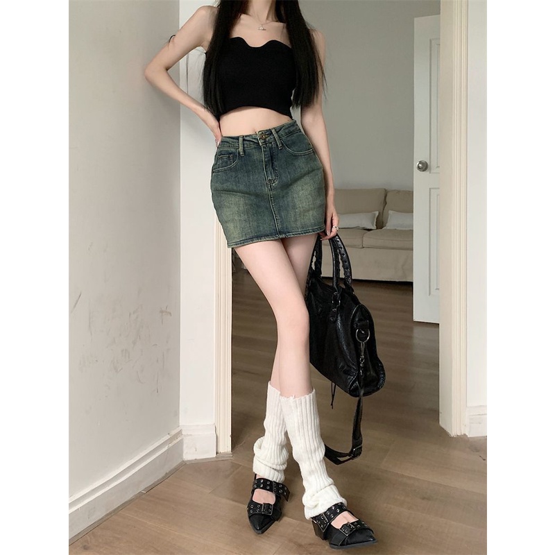 Rok Mini Denim Wanita Polos High Waist Casual Skirt