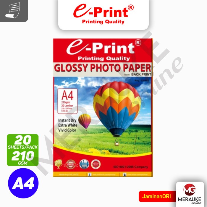 

Kertas Foto E-Print Glossy Back Print A4 210gsm 20s