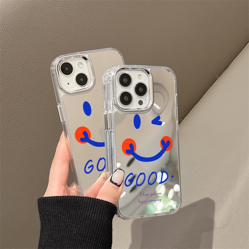 IPHONE Casing Ponsel Cermin Smile Biru Bagus Kompatibel Untuk Iphone11 12 13 14 12Pro 13Pro 14Pro Pro Max XR X XS Max Electroplating Tombol Perlindungan Mirror Cover