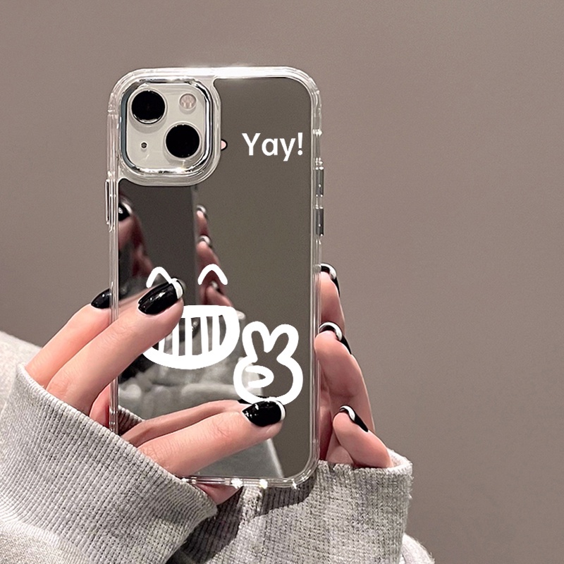 IPHONE Kartun Yay Emoji Mirror Phone Case Kompatibel Untuk Iphone11 12 13 14 12Pro 13Pro 14Pro Pro Max XR X XS Max Electroplating Tombol Perlindungan Mirror Cover