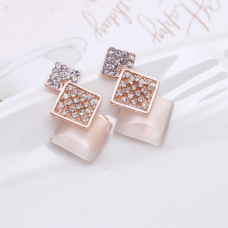 [FRA] Fashion Berongga Persegi Berlian Opal Set Anting Kalung Perhiasan