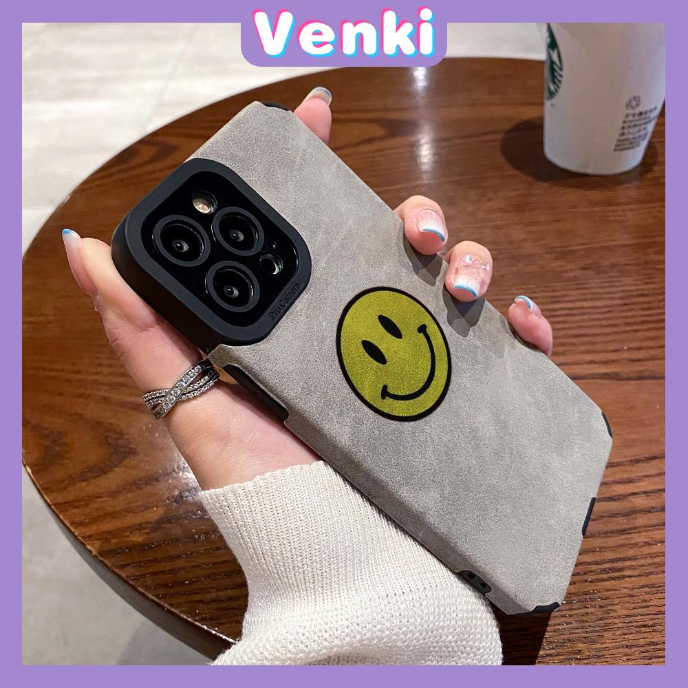 VENKI - Untuk iPhone 11 Case Leather Pupil Suede Case Soft Shockproof Phone Case Camera Simple Yellow Smile Kompatibel dengan iPhone 14 13 Pro max 12 Pro max xr xs 7Plus 8Plus