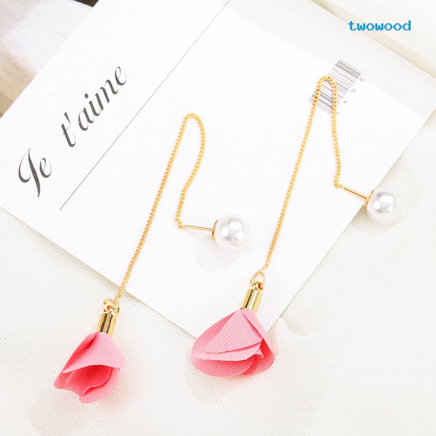 Twowood Anting Temperamen Fashion Anting Rumbai Panjang Mutiara Bunga Mawar Elegan Perempuan Kawat Telinga