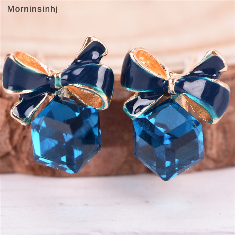 Mornin Biru Kristal Berlian Imitasi Enamel Bow Ear Stud Ikatan Simpul Anting Hadiah Wanita Perhiasan id