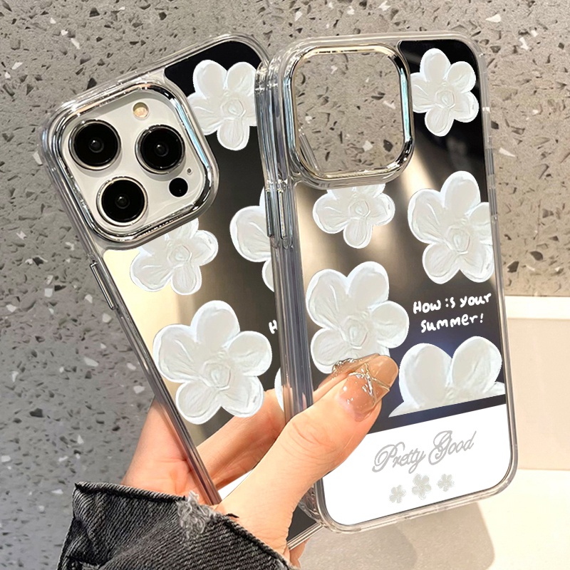 IPHONE Casing Ponsel Cermin Bunga Putih Elegan Kompatibel Untuk Iphone11 12 13 14 12Pro 13Pro 14Pro Pro Max XR X XS Max Electroplating Tombol Perlindungan Mirror Cover