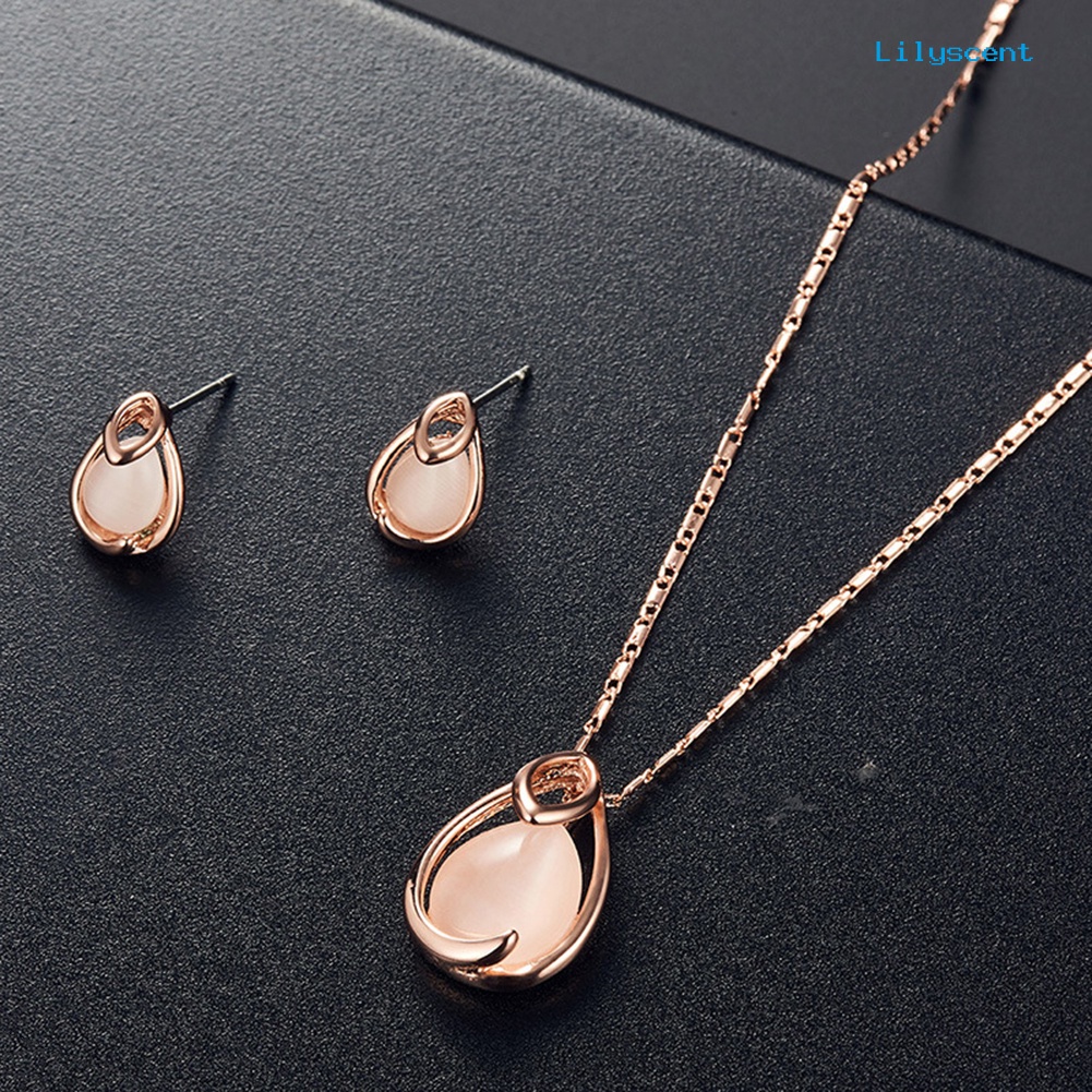 [LS] Water Drop Shape Faux Opal Pendant Kalung Anting Set Perhiasan Pengantin Pernikahan