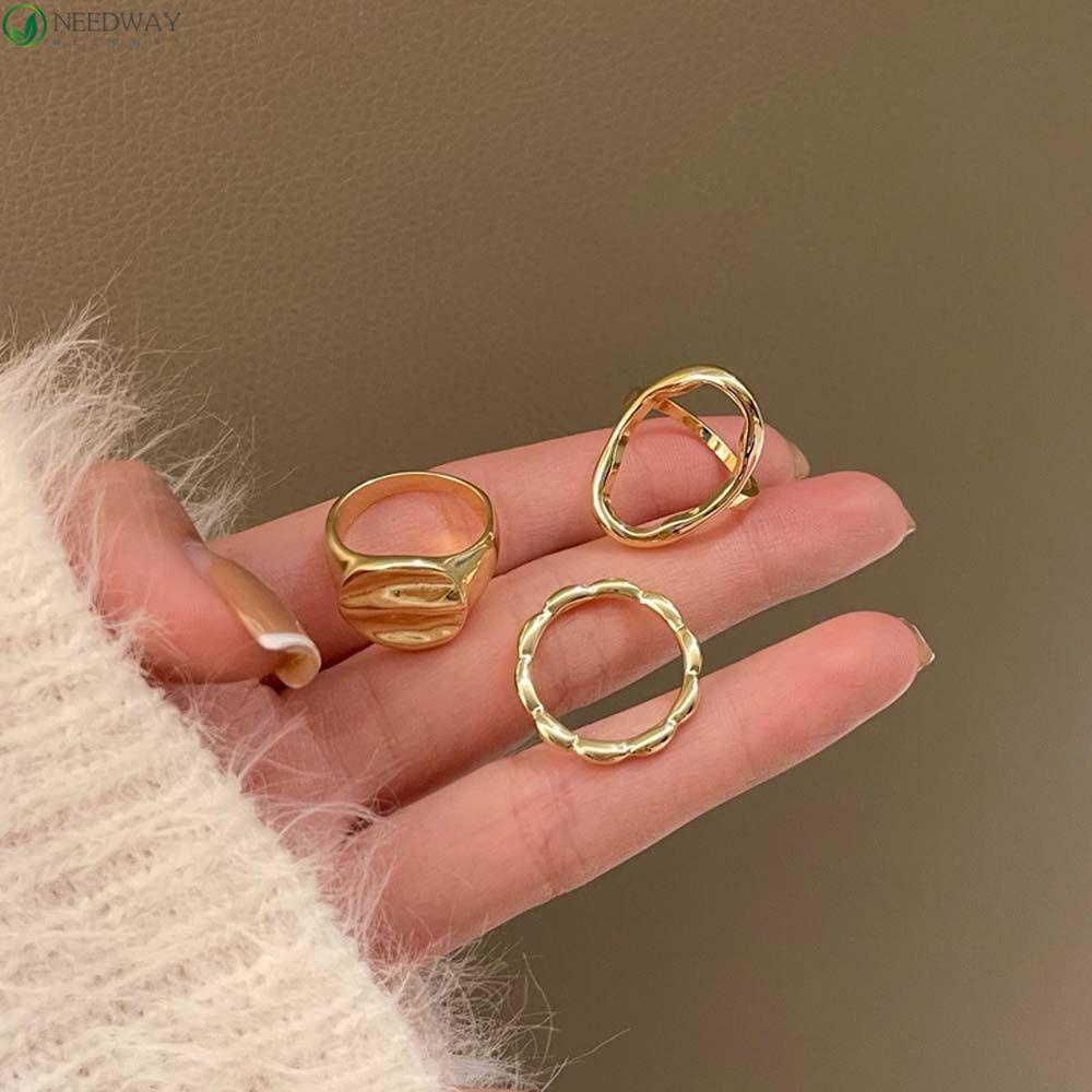 NEEDWAY Set Cincin Kepribadian Tidak Teratur Wanita Perhiasan Memutar Geometri Gaya Punk Cincin Jari Perempuan