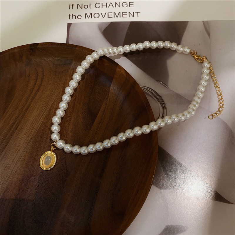 Jepang Korea Manis Super Temperamen Kalung Mutiara Perempuan Oval Tetesan Air Klavikula Rantai Niche ins Gaya Keren Kalung Perempuan Trendi