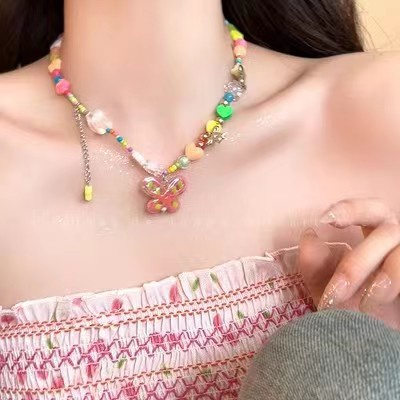 Kalung Manik-Manik Kupu-Kupu Warna Dopamin Perempuan Manis Unik All-Match Gadis Rantai Klavikula Influencer Necklace