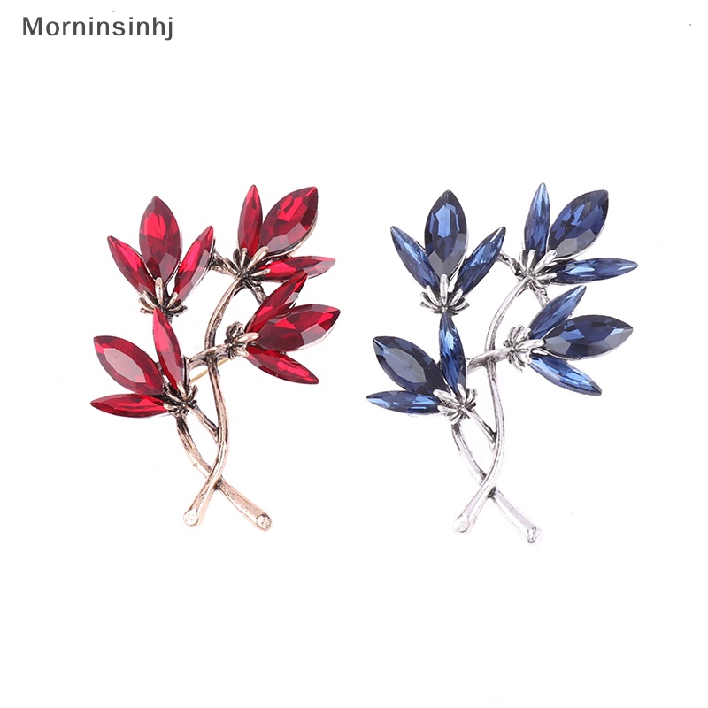 Mornin Biru/Red Sparlking Rhinestones Bros Pin Bunga Wanita Fashion Bros Daun Lencana Trendi Perhiasan Hadiah id