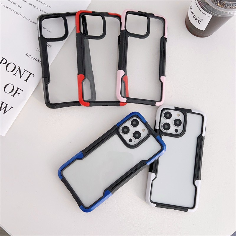 IPHONE 3in1 Shockproof Cover Transparan Casing Ponsel Untuk Iphone11 12 13 14 Pro Max7 8 14 plus XR XS MAX X Acrylic+TPU+PC Hard Case Bumper