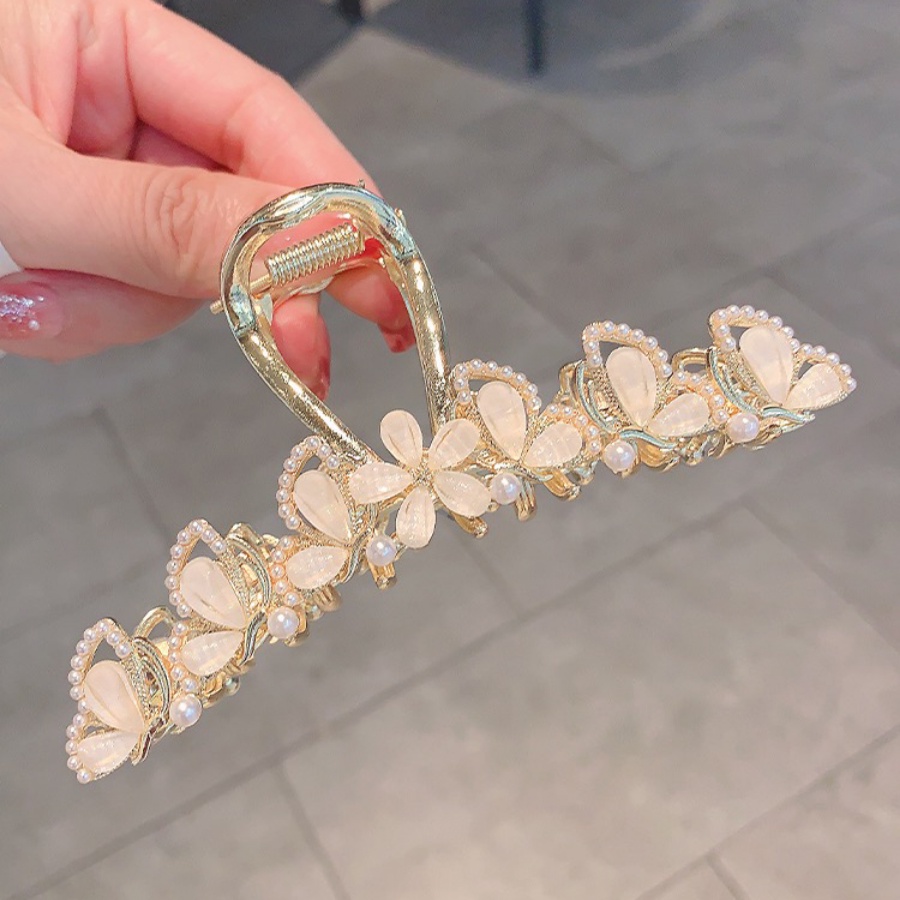 Korea Alloy Emas Kristal Bunga Rambut Klip Wanita Elegan Berlian Imitasi Ponytail Klip Aksesoris Rambut
