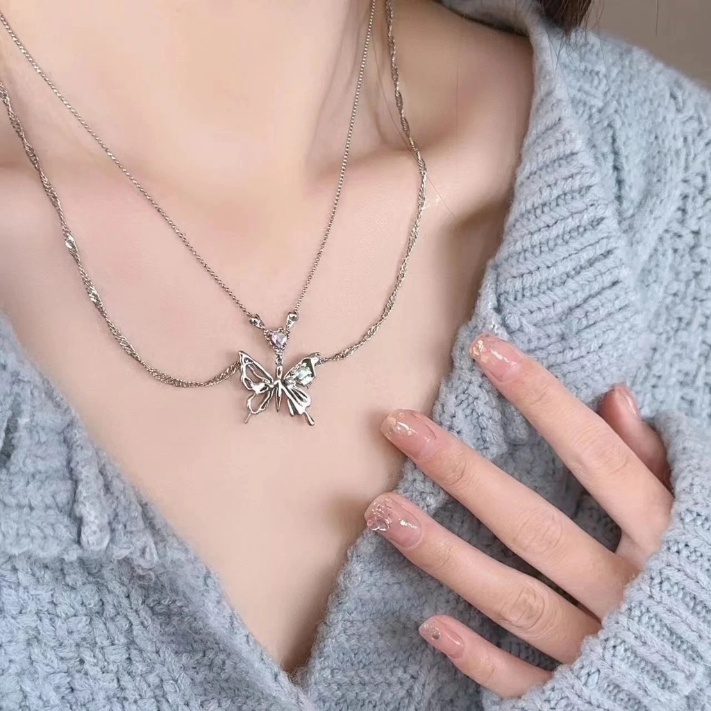 Cinta Hati Berlian Rantai Klavikula Y2K Double Layer Chain Heart Necklaces Vintage Hip Hop Pesta Gadis Perhiasan Aksesoris Hadiah Kepribadian Kristal Kupu-Kupu Liontin Kalung Wanita