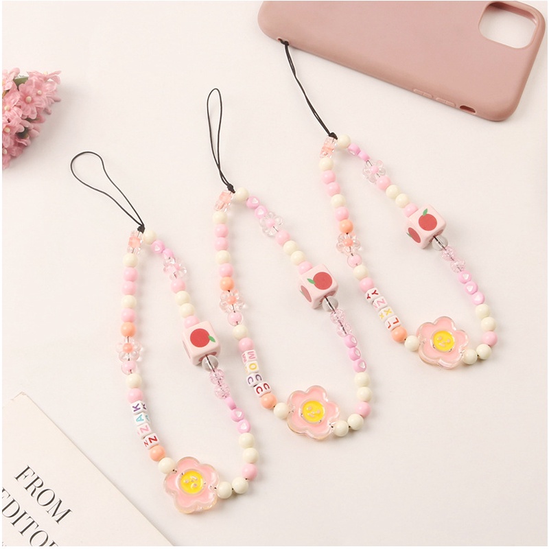Lucu 3D Bunga Matahari Manik Merah Muda Ponsel Strap Anti-Hilang Rantai Pendek Untuk iPhone Untuk Samsung Untuk OPPO Untuk VIVO Untuk Huawei Untuk Redmi Untuk Xiaomi Pelindung Case Cover DIY