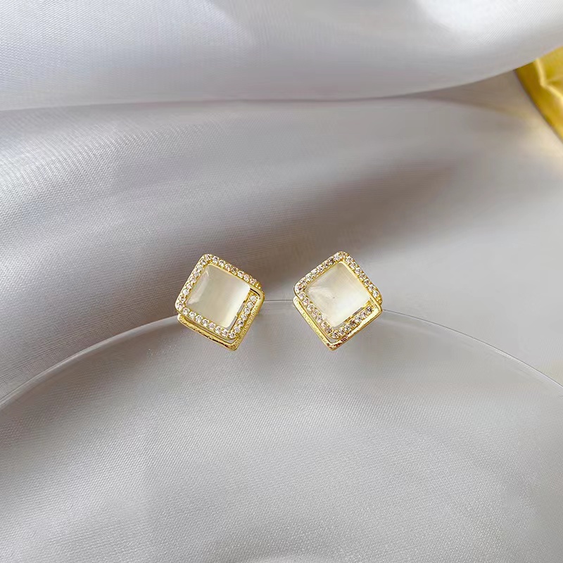 Giwang Telinga Batu Opal Wanita Korea Elegan Anting Mini Fashion925 Perak Pin Earrings Aksesoris Hadiah