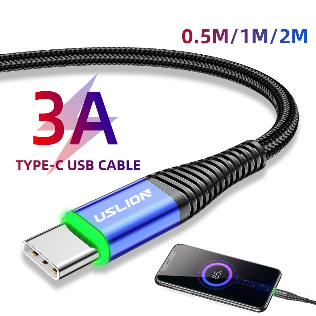 Kabel USB 3A Fast Charging Type-C Dengan Lampu Hijau Untuk Kabel Telepon Tipe C