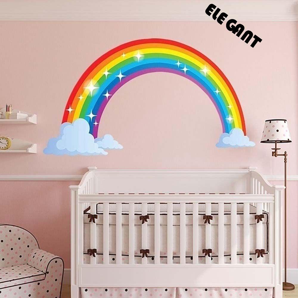 【 ELEGANT 】 Wall Sticker Besar 70*43cm Glitter Removable Motif Pelangi Warna Warni Dekorasi Rumah