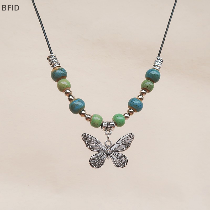 [BFID] Bohemian Vintage Butterfly Kalung Manik-Manik Keramik Liontin Dapat Disesuaikan Barang Curah [ID]