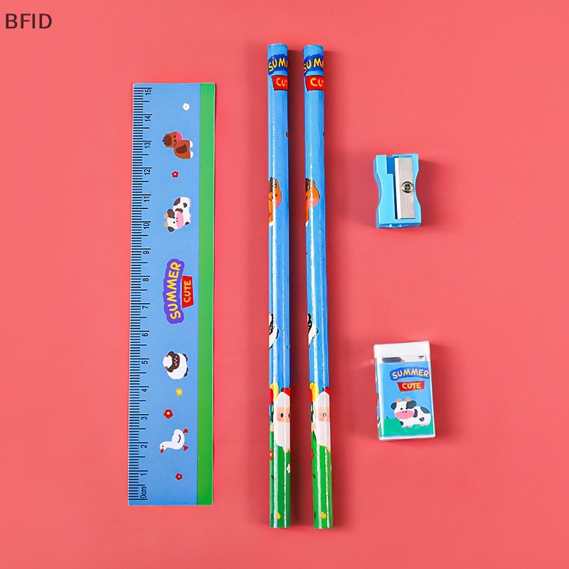 [BFID] 5pcs Kreatif Portabel Set Alat Tulis Kartun Pensil Penggaris Pengasah Penghapus Set Hadiah Untuk Anak Sekolah Kantor Wrig Prize Stationery Set [ID]